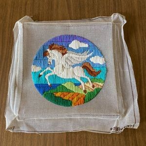Vintage White Pegasus Embroidery with Blue, Green and Brown Accents